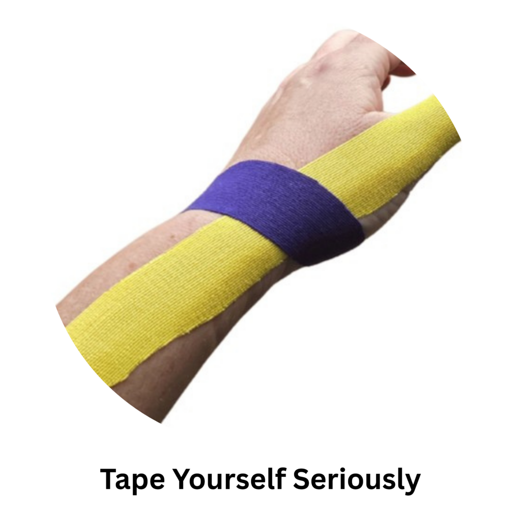 An image of a forearm and hand. There is a piece of yellow kinesiology tape going from the lateral side of the mid-forearm up to the nail of the thumb. A purple piece of kinesiology tape crosses the yellow piece around the wrist.