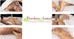 Bamboo-fusion bamboo massage: six photos of a therapist using bamboo sticks on a client's neck, calves, knees, and feet.